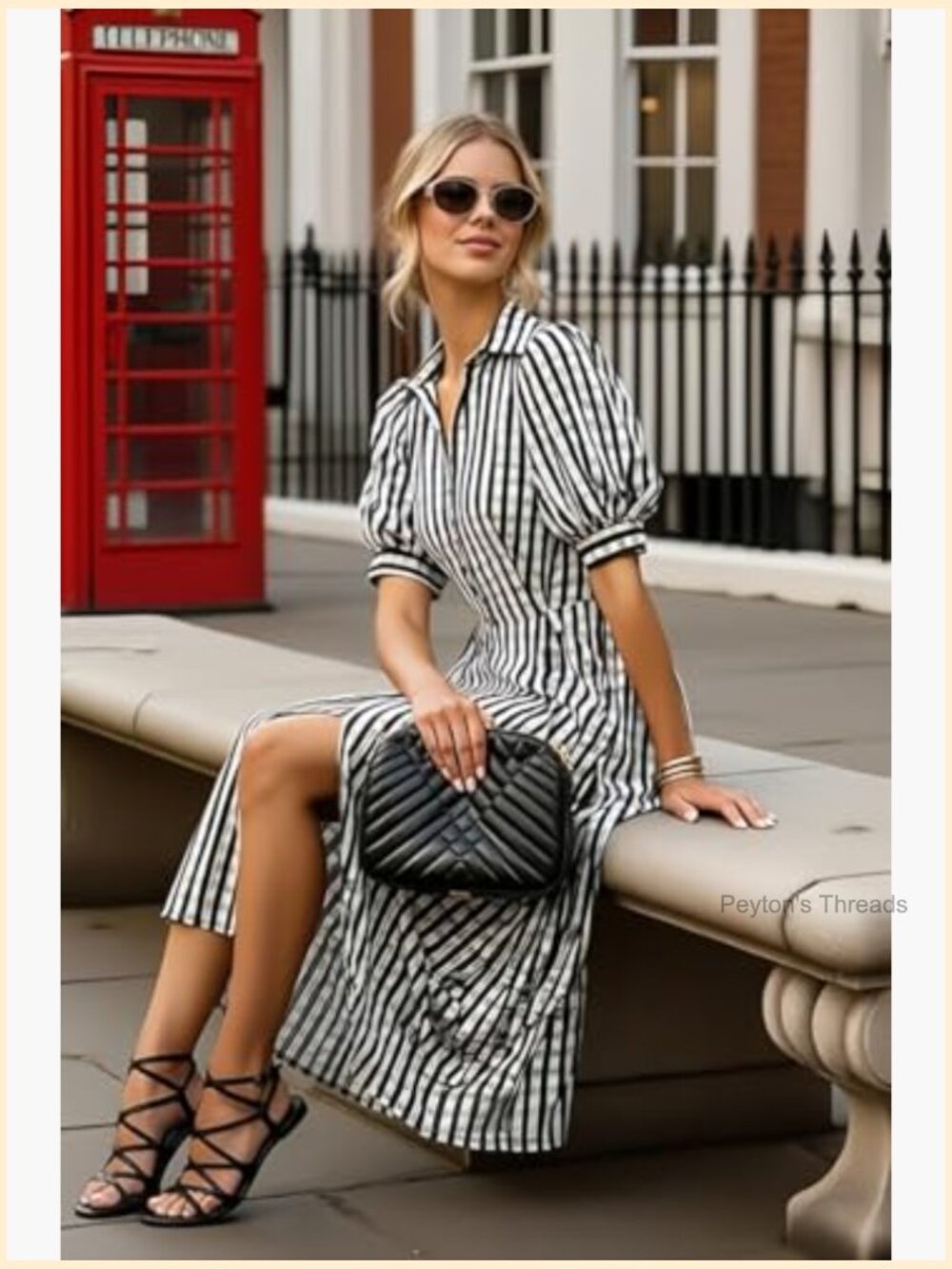 Gingham Puff Sleeve Button Down Midi Dress with Slit Hemline - Picture 2 of 6